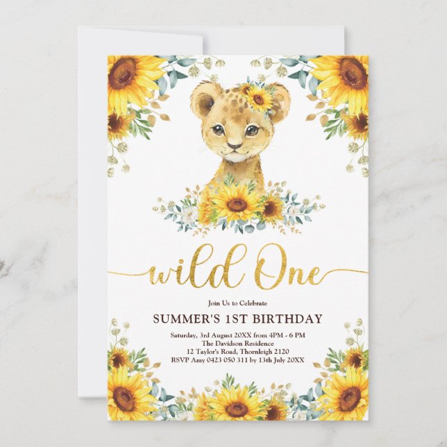 Wild One Lion Cub Sunflower Greenery 1st Birthday Invitation (Front)