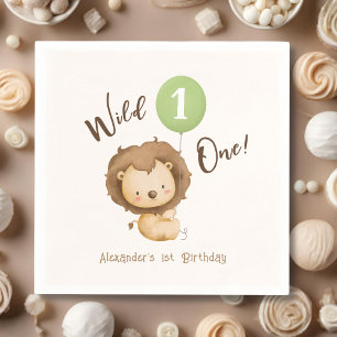 Wild One Lion Sage Green Balloon Boy 1st Birthday Napkin