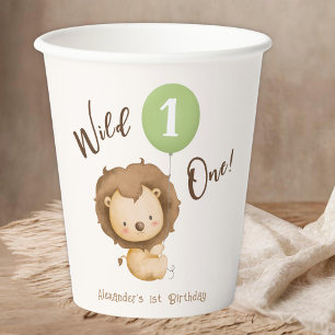 Wild One Lion Sage Green Balloon Boy 1st Birthday Paper Cups