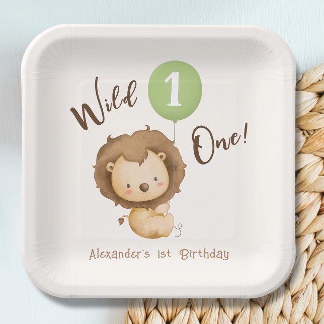 Wild One Lion Sage Green Balloon Boy 1st Birthday Paper Plate (Creator Uploaded)