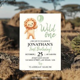 Wild One Lion Sage Green Balloon Boys Birthday Invitation