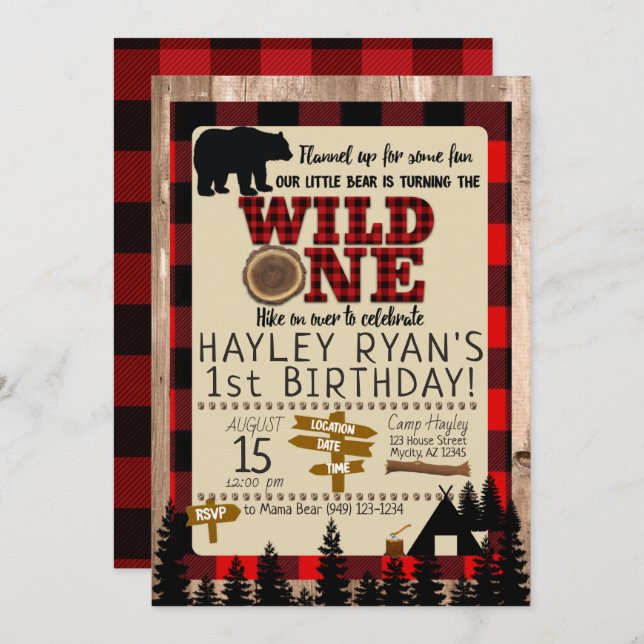 Wild One Little Bear Red Plaid 1st Birthday Invitation (Front/Back)