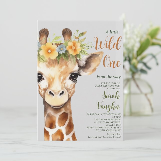 Wild One Little Giraffe Baby Shower Invitation (Standing Front)