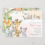 Wild One Lovely Safari Friends First Birthday Invitation<br><div class="desc">She's a Wild One,  First birthday design featuring beautiful safari animal faces and tropical jungle foliage. Customise this text for any occasion for your little one.</div>