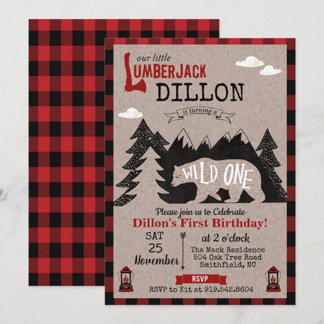Wild One Lumberjack First 1st Birthday Invitation (Front/Back)