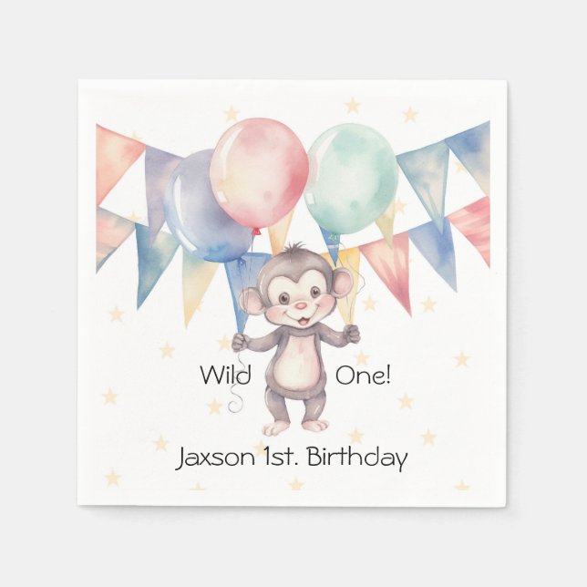 Wild One Monkey and Balloons 1st. Birthday Party Napkin (Front)