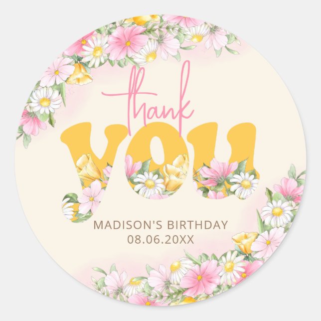 Wild One Mustard & Pink Wildflower Thank You Classic Round Sticker (Front)