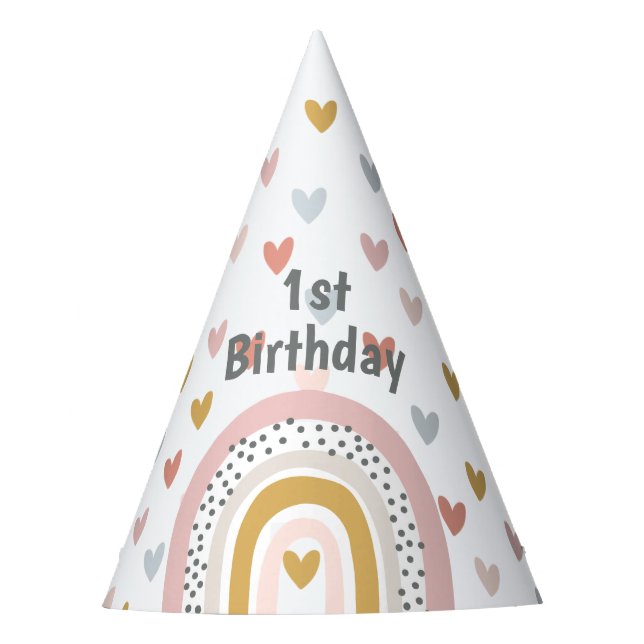 Wild One Muted Rainbow Girl's 1st Birthday Party Hat (Front)