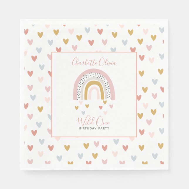 Wild One Muted Rainbow Girl's 1st Birthday Party Napkin (Front)