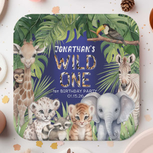 Wild one Navy Blue Safari jungle 1st birthday Paper Plate