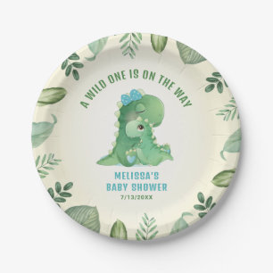 Wild One On The Way Dinosaur Blue Baby Boy Shower Paper Plate