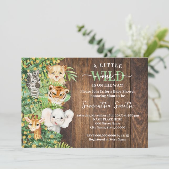 Wild One on the Way Rustic Safari Baby Shower Invitation (Standing Front)