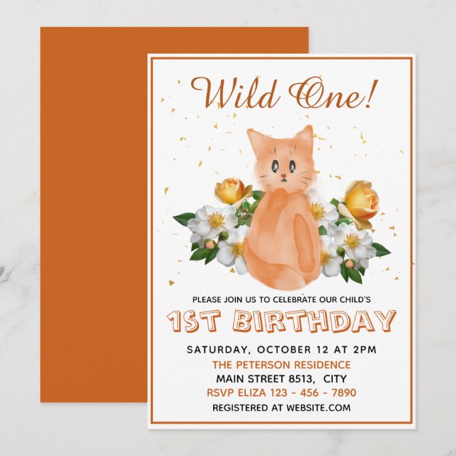 Wild One - Orange Baby Cat - 1st Birthday Invitation (Front/Back)