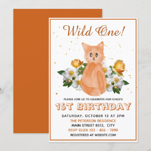 Wild One - Orange Baby Cat - 1st Birthday Invitation