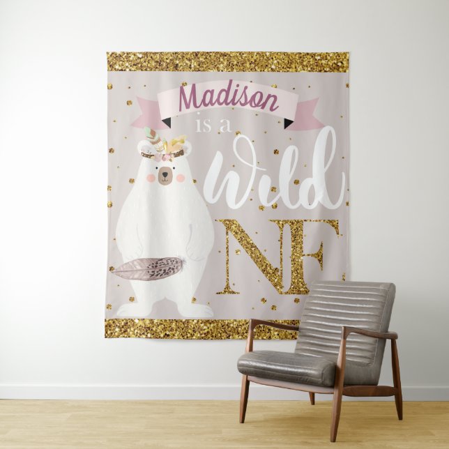 Wild One Personalised First Birthday Girl Tapestry (In Situ)