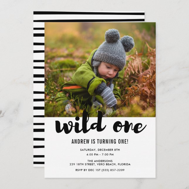 Wild One Photo Baby's First Birthday Party Invitation (Front/Back)