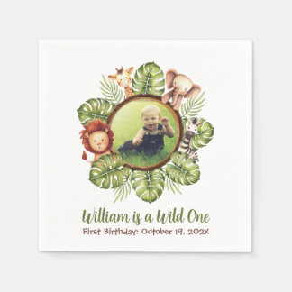 Wild One Photo Jungle Animals Leaves 1st Birthday Napkin