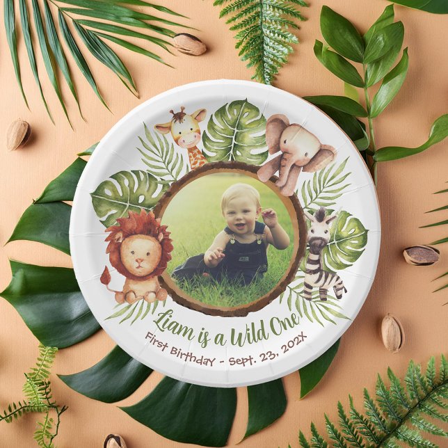 Wild One Photo Jungle Animals Leaves 1st Birthday  Paper Plate (Creator Uploaded)
