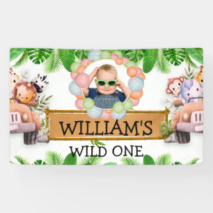 Wild One PHOTO Jungle Safari Animals Birthday Banner