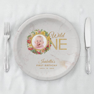 Wild One Photo Rose Wreath First Birthday Marble Paper Plate