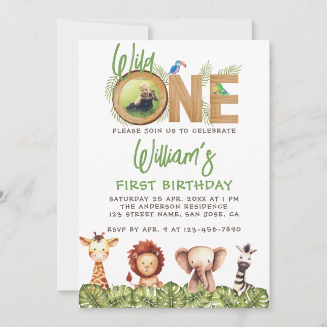 Wild One Photo Safari Animals Wood 1st Birthday In Invitation (Front)