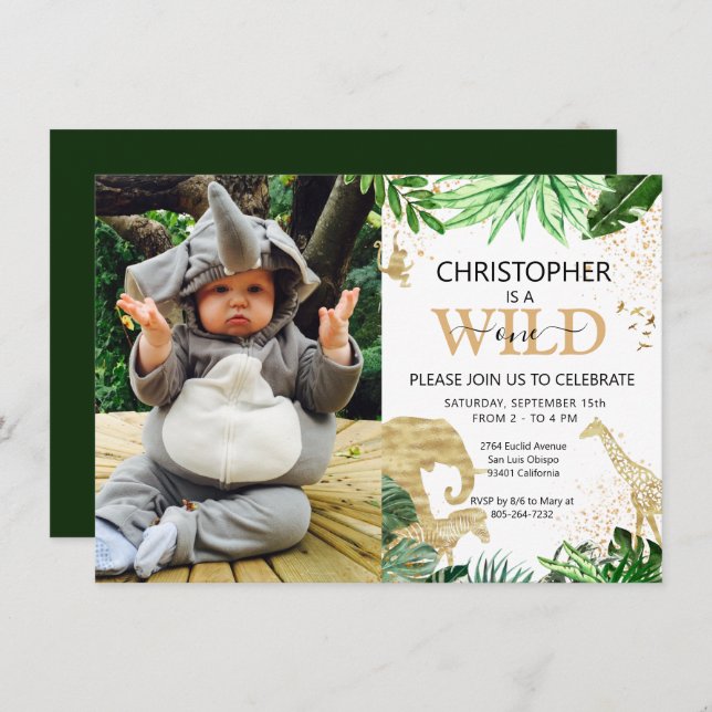Wild One Photo Safari Themed 1st Birthday Party Invitation (Front/Back)