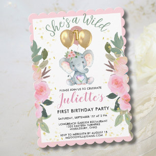 Wild One Pink Girl Elephant First Birthday  Holiday Card