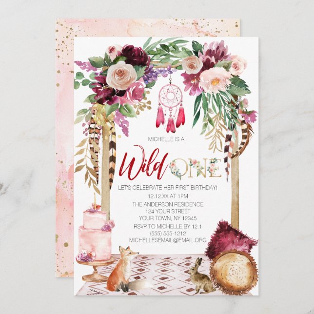 Wild One Pink Gold Boho Dream Catcher Birthday Invitation (Front/Back)