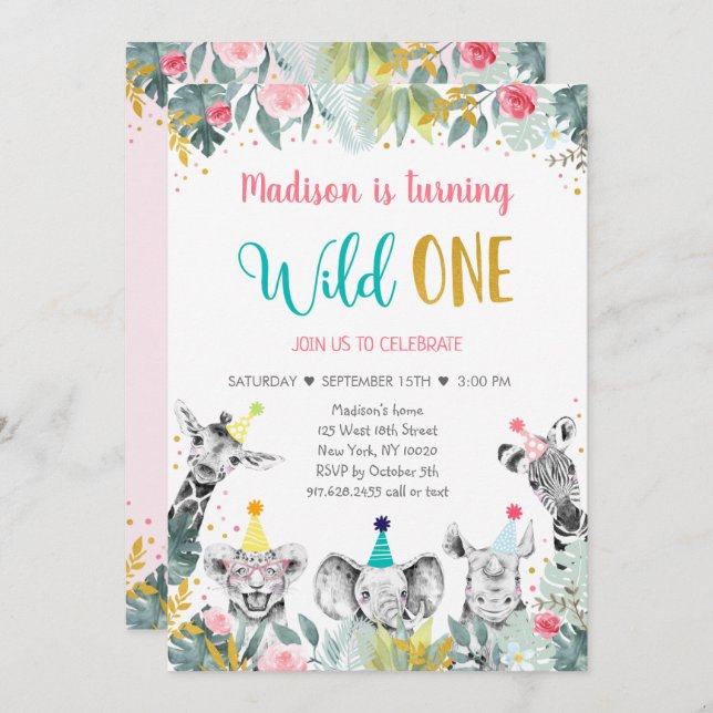 Wild One Pink Gold Party Animal Birthday Invitation (Front/Back)