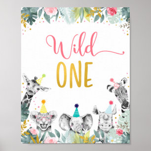 Wild One Pink Gold Party Animal Birthday Sign