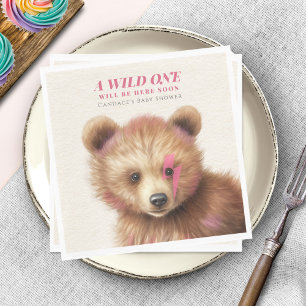 Wild One Pink Hair Bear Baby Shower Napkin