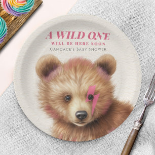 Wild One Pink Hair Bear Baby Shower Paper Plate