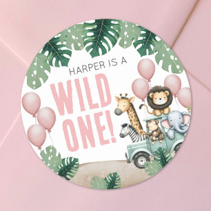 Wild One Pink Safari 1st Birthday Classic Round Sticker