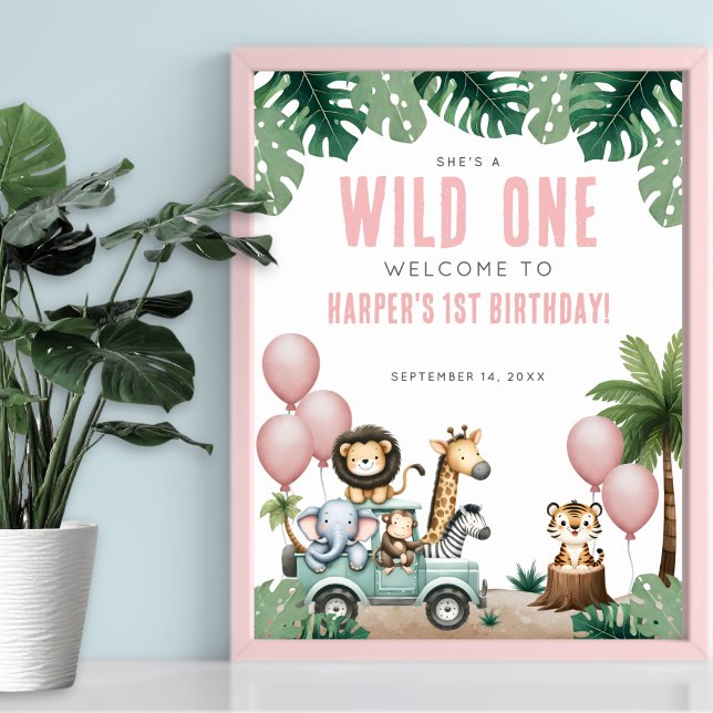 Wild One Pink Safari 1st Birthday Welcome Poster (Wild One Pink Safari 1st Birthday Welcome Poster)