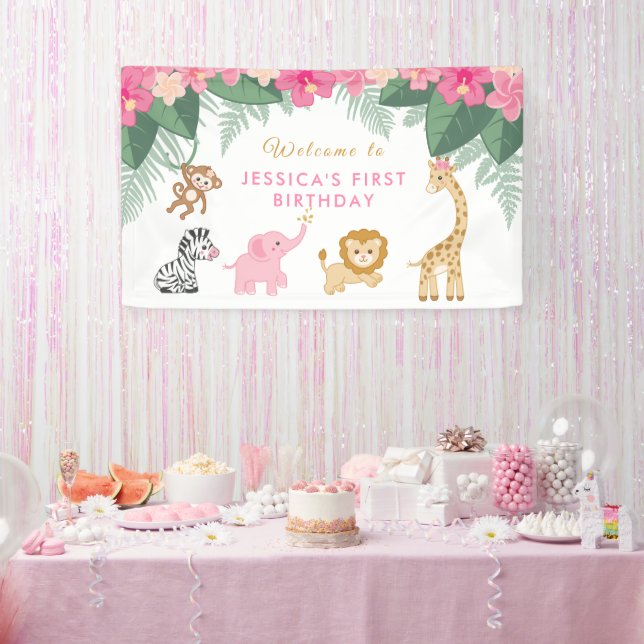 Wild ONE - Pink Safari Girl's FIRST Birthday Banner (Party)