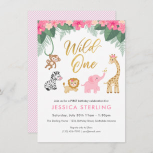 Wild ONE - Pink Safari Girl's FIRST Birthday Invitation