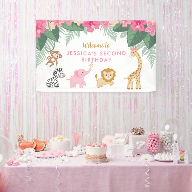 Wild ONE - Pink Safari Girl's SECOND Birthday Banner (Party)