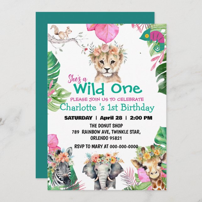 Wild One Pink Safari jungle 1st Animals Birthday Invitation (Front/Back)