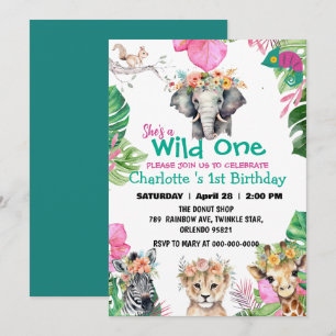 Wild One Pink Safari jungle 1st Animals Birthday Invitation