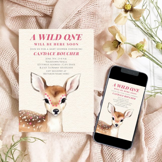 Wild One Pink Spotted Fawn Deer Baby Shower Invitation (Creator Uploaded)