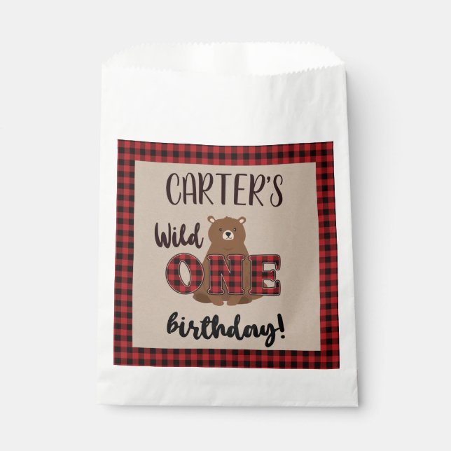 Wild ONE Plaid Bear Birthday Party Favour Bag (Front)