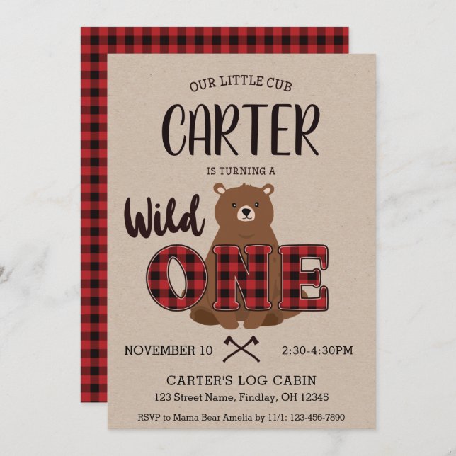 Wild ONE Plaid Bear Birthday Party Invitation (Front/Back)