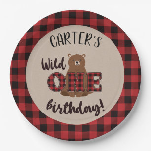 Wild ONE Plaid Bear Birthday Party Paper Plate