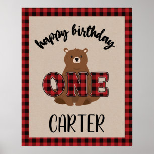 Wild ONE Plaid Bear Birthday Party Poster