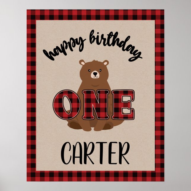 Wild ONE Plaid Bear Birthday Party Poster (Front)