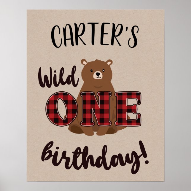 Wild ONE Plaid Bear Birthday Party Poster (Front)