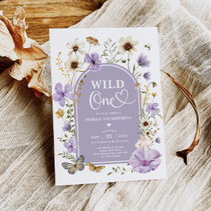 Wild One: Purple Beige Wildflower 1st Birthday Invitation