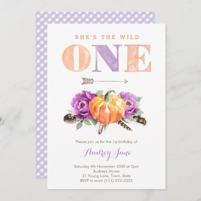 Wild One Purple Orange Pumpkin 1st Birthday Party Invitation (Front/Back)