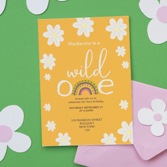 Wild One Rainbow Birthday Party Personalised Invitation (Wild One Rainbow Birthday Party Personalized Invitation from Ricaso. Flowers and rainbow one year
)