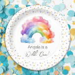 Wild One Rainbow Kids Birthday  Paper Plate<br><div class="desc">Fun watercolor rainbow themed kids party. 
Great for any season. Let's build something fun for your little one on their birthday! Custom,  personalised,  editable 
watercolor,  bright and pastel colours. whimsical illustration,  confetti,  script</div>